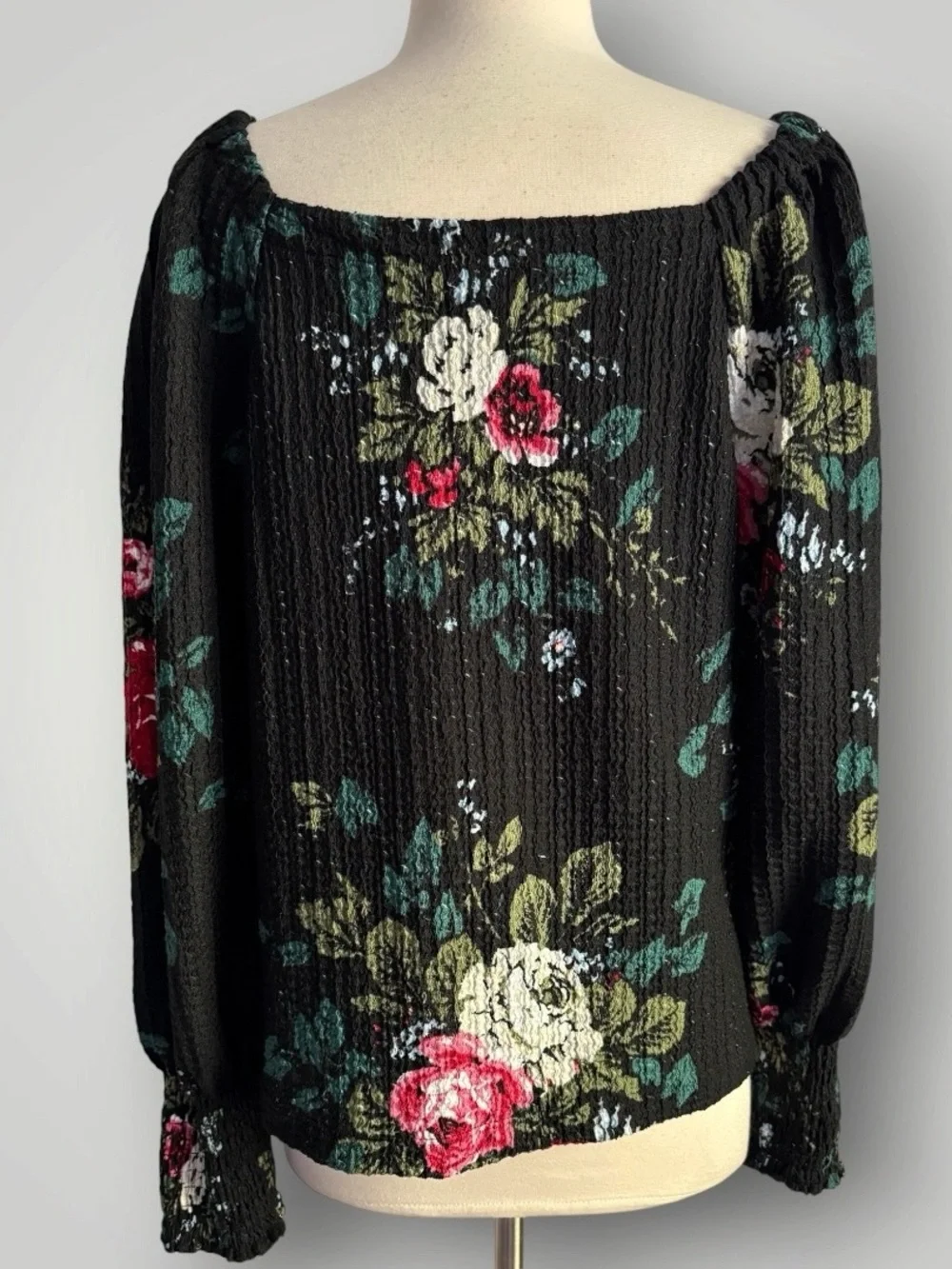 Ann Taylor LOFT Floral Square Neck Textured Knit Long Puff Sleeve Top L Black